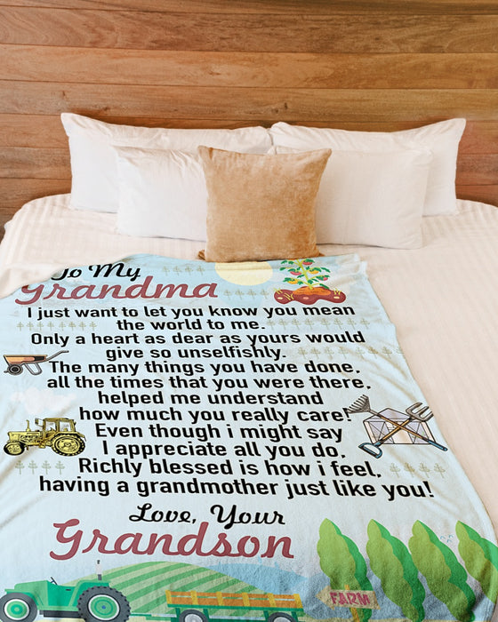 Personalized To My Grandma Farmer Fleece Blanket From Grandson You Mean The World To Me Great Customized Gift For Birthday Christmas Thanksgiving Anniversary Mother's Day