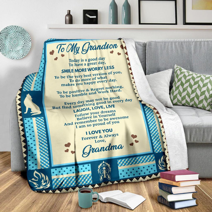 Personalized To My Grandson Fleece Blanket From Grandma Smile More Worry Less Great Customized Gift For Birthday Christmas Thanksgiving
