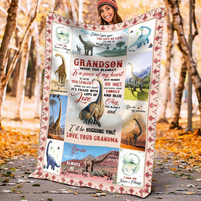 Personalized To My Grandson Dinosaur Fleece Blanket From Grandma I'll Be Hugging You Great Customized Blanket For Birthday Christmas Thanksgiving