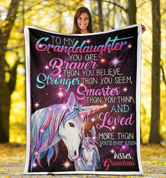 Personalized To My Granddaughter Unicorn Fleece Blanket From Grandma You Are Braver Than you Think Great Customized Blanket For Birthday Christmas Thanksgiving