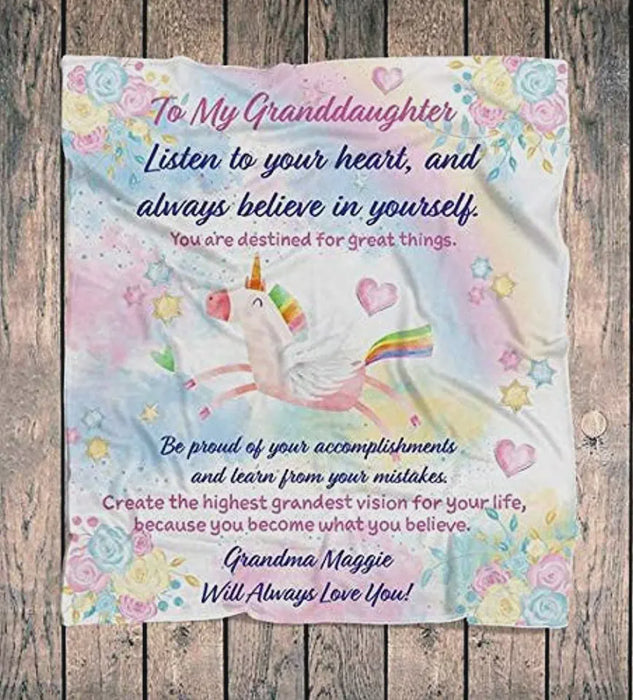 Personalized To My Granddaughter Unicorn Fleece Blanket From Grandma Maggie Listen To Your Heart Great Customized Blanket For Birthday Christmas Thanksgiving