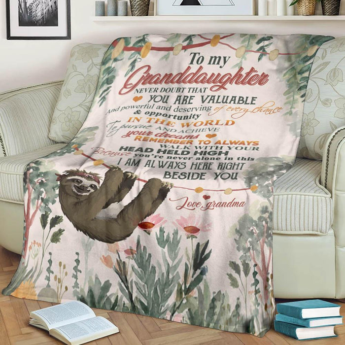 Personalized Sloth To My Granddaughter From Grandma I Am Always Here Right Beside You Fleece Blanket Great Customized Gifts For Birthday Christmas Thanksgiving