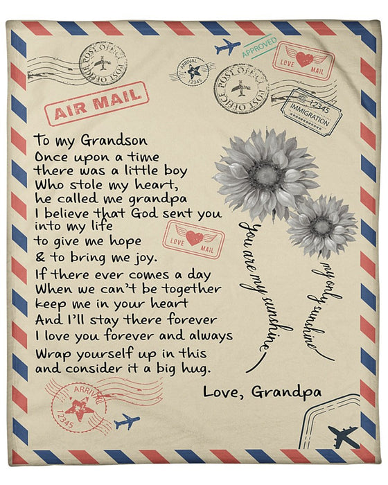 Personalized Airmail To My Grandson From Grandpa There Was A Little Boy Fleece Blanket Great Customized Gifts For Birthday Christmas Thanksgiving Perfect Gift For Sunflower Lover