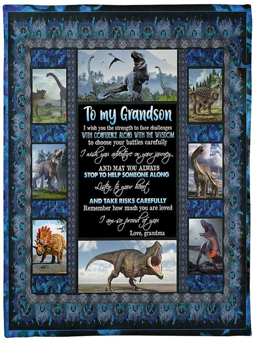 Personalized to My Grandson Dinosaur Fleece Blanket from Grandma I Wish You Strength to Face Challenges Great Customized Gift for Birthday Christmas Thanksgiving