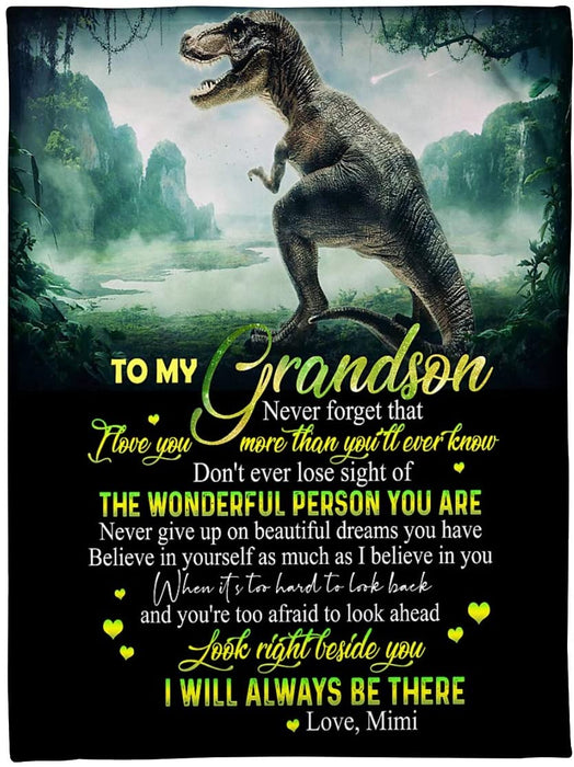 Personalized to My Grandson Dinosaur Fleece Blanket from Grandma Mimi I Will Always Be There Great Customized Gift for Birthday Christmas Thanksgiving