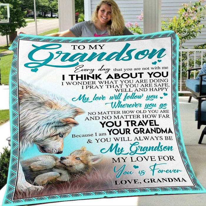 Personalized to My Grandson Wolf Fleece Blanket from Grandma I Think About You Great Customized Gifts for Birthday Christmas Thanksgiving