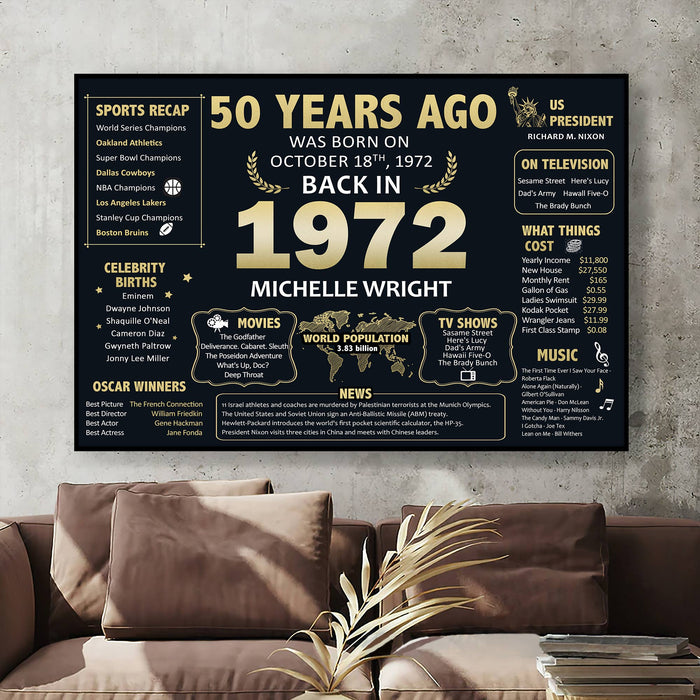 Personalized 50th Birthday Gifts For Women For Men, 50th Birthday Back In 1972 Poster Canvas, 50th Birthday Decorations