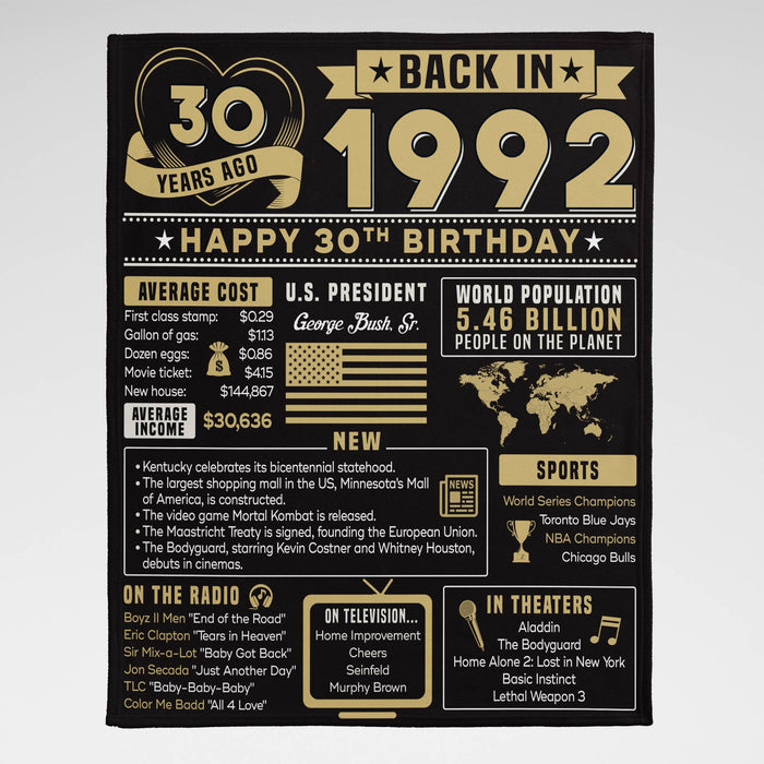 30th Birthday Back In 1992 Blanket, 30tth Birthday Gifts For Women Her Him
