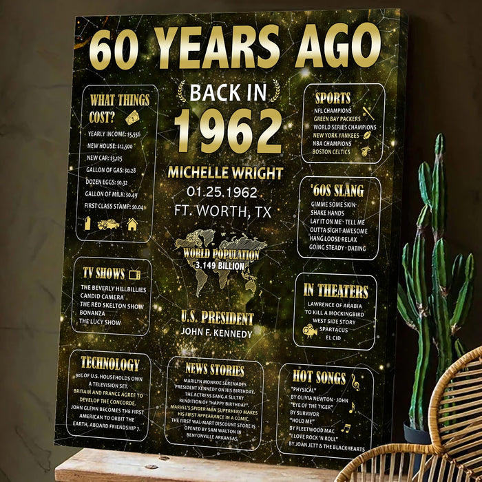 Personalized 60 Years Ago Back In 1962 Canvas Poster Decorations, Custom Star Map, Birthday Decoration Gifts For Women Men, Birthday Gifts For Mom Dad On Birthday Christmas