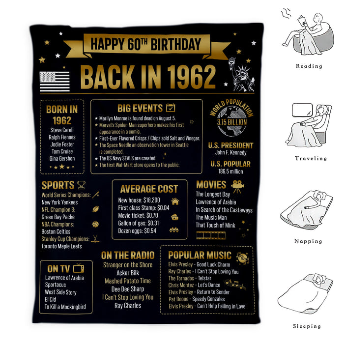 Back In 1962 60th Birthday Blanket For Women, 60th Birthday Decorations Women For Men