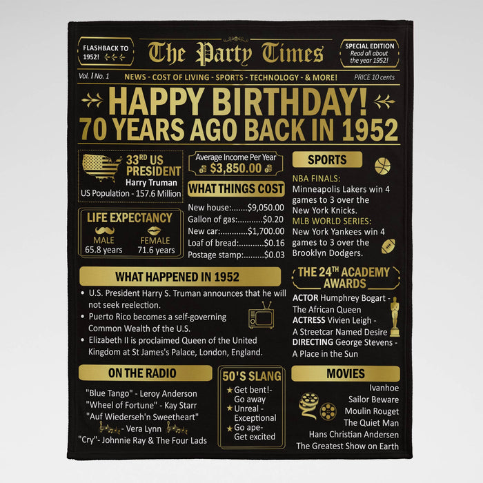 70 Years Old Back In 1952 Blanket, 70th Birthday Gifts For Men Women, Birthday Blanket For Men Woman, Birthday Blanket