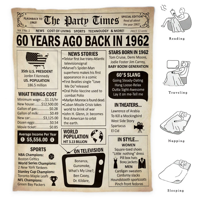 Back In 1962 Newspaper Blanket, 60th Birthday Gifts For Women For Men, 60th Birthday Decorations, 60 Years Ago Back In 1962 Blanket