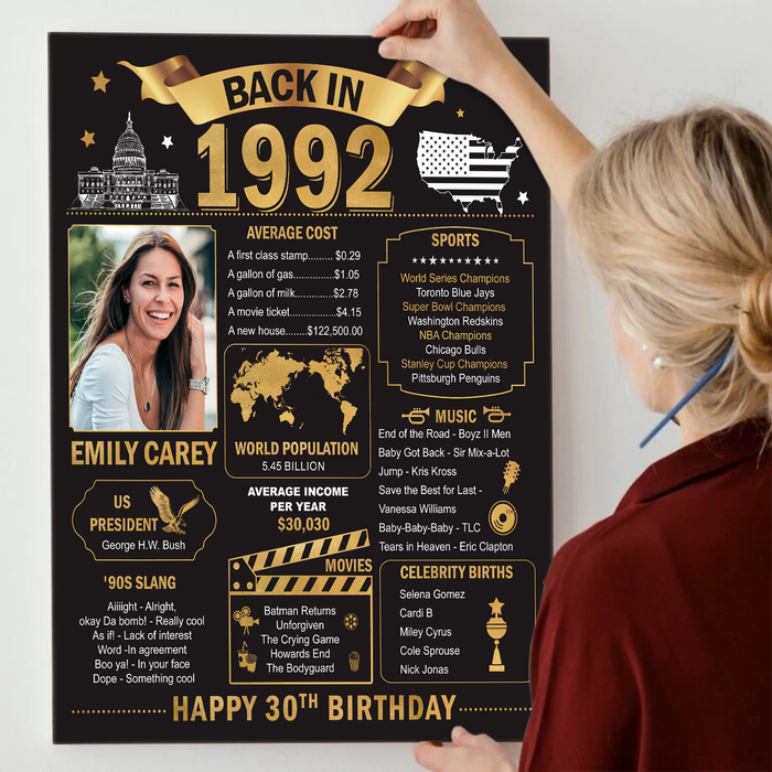Custom Back In 1992 Poster Canvas, Birthday Gifts For Women, 30th Birthday Decorations