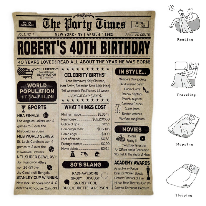 40 Years Old Back In 1982 Blanket, 40th Birthday Gifts For Men Women, Birthday Blanket For Men Woman, Birthday Blanket