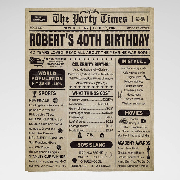40 Years Old Back In 1982 Blanket, 40th Birthday Gifts For Men Women, Birthday Blanket For Men Woman, Birthday Blanket