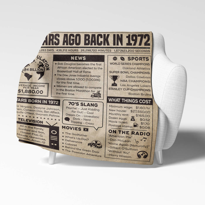 50 Years Ago Back In 1972 Blanket, 50th Birthday Gifts For Women For Men, 50th Birthday Decorations, Back In 1972 Newspaper Vintage Blanket Gift Idea For Old Women Men