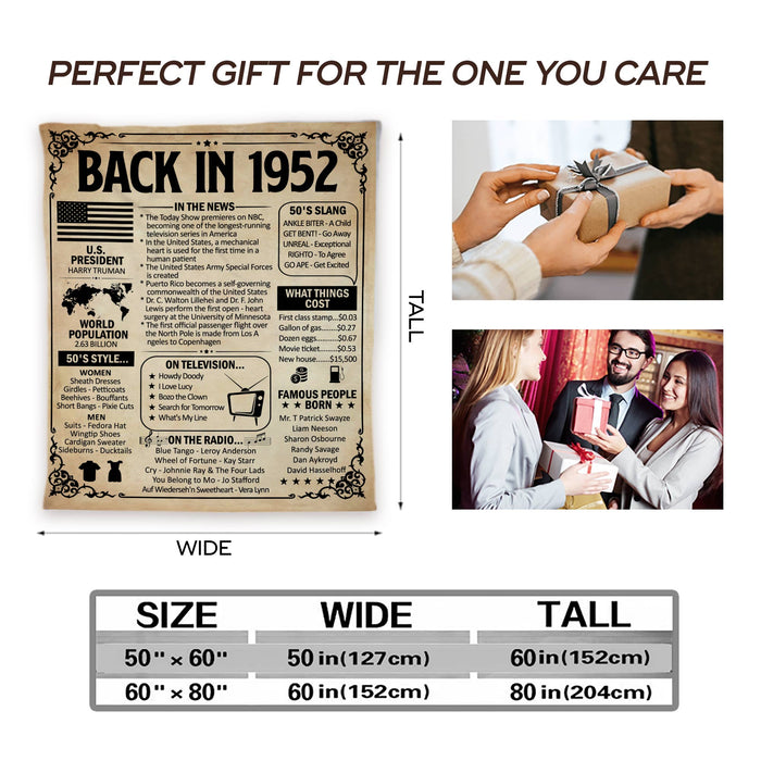Back In 1952 Birthday Blanket, 70th Birthday Decorations, 70th Birthday Gifts For Women For Men
