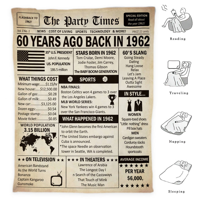 Back In 1962 60 Years Ago Birthday Blanket, 60th Birthday Gifts For Women