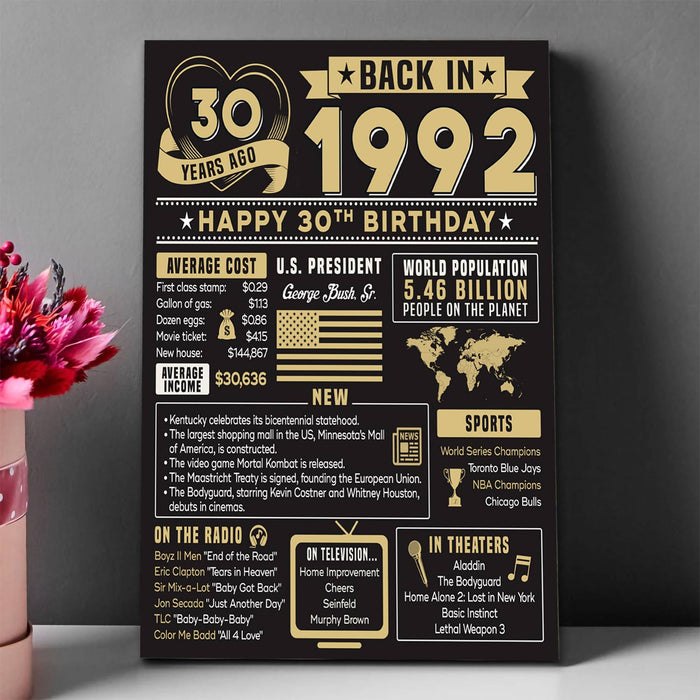 30th Birthday Back In 1992 Poster Canvas, 30tth Birthday Gifts For Women Her Him