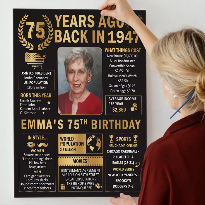 Custom 75 Years Ago Back In 1947 Poster Canvas, 75th Birthday Decorations, 75th Birthday Gifts For Women For Men, Birthday Gifts For Mom For Dad