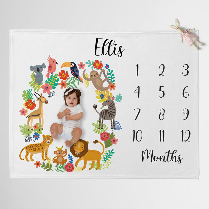 Custom Baby Monthly Milestone With Animals Blanket, Newborn Blanket, Birthday Gifts For Baby Boys Girls, Baby Birthday Gifts For Women Mom Dad