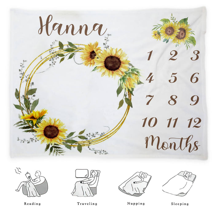 Custom Sunflower Baby Monthly Milestone Blanket, Baby Photo Blanket For Newborn, Birthday Gifts For Baby Boy Girl, Baby Birthday Blanket