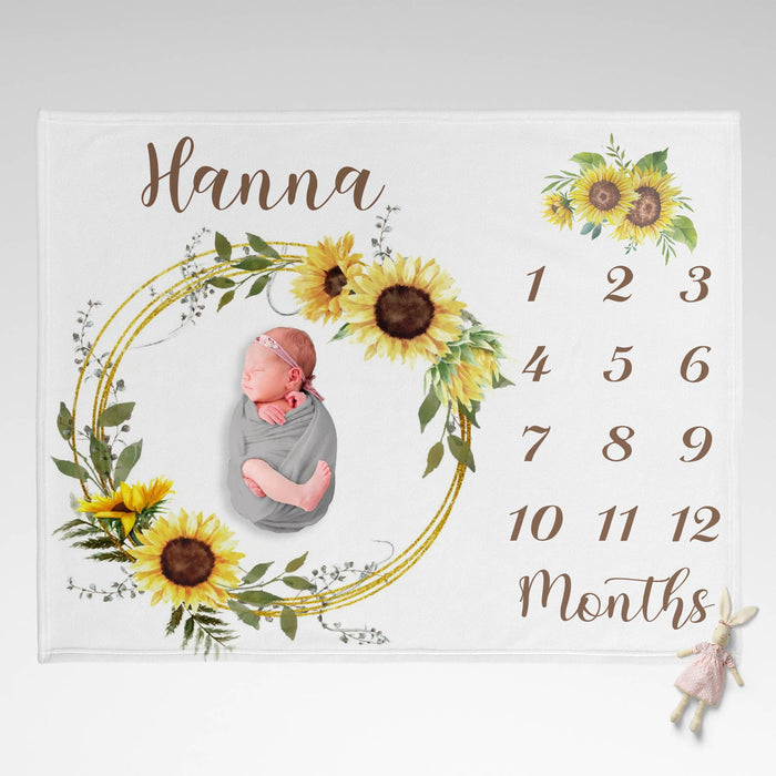 Custom Sunflower Baby Monthly Milestone Blanket, Baby Photo Blanket For Newborn, Birthday Gifts For Baby Boy Girl, Baby Birthday Blanket