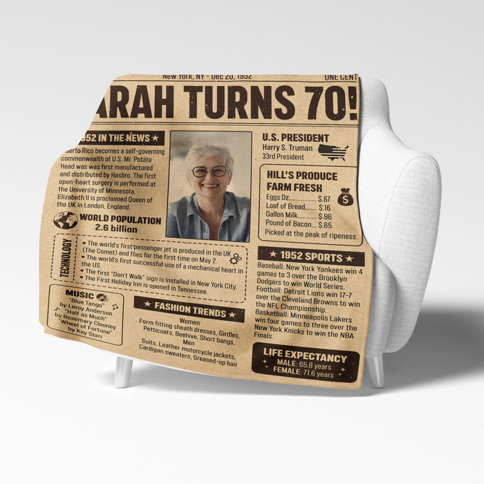 Personalized Back In 1952 Birthday Blanket, 70th Birthday Gifts For Women, 70th Birthday Decorations