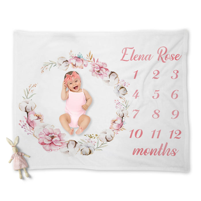 Custom Flower Baby Milestone Blanket, Custom Birthday Baby Month Week Fleece Blanket, Floral Gifts For New Mom For Baby, Birthday Decoration Gifts For Women