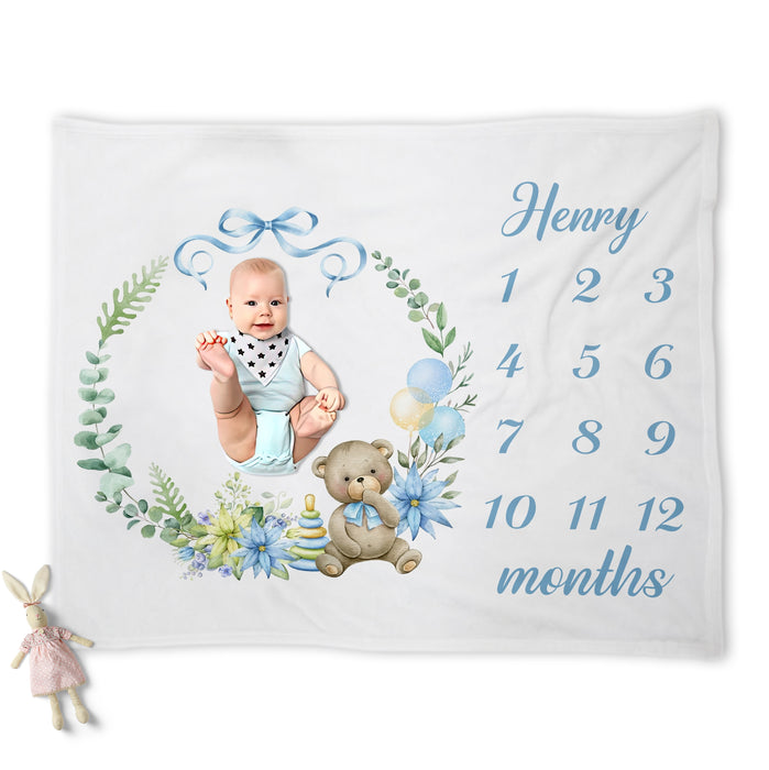 Custom Baby Milestone Blanket, Floral Frame With Teddy Bear Birthday Decorations Gifts For Baby, Birthday Gifts For New Mom New Dad, Baby Calendar Blanket