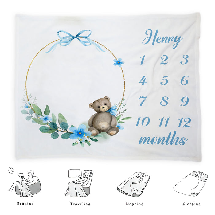 Custom Baby Milestone Blanket, Floral Frame With Teddy Bear Birthday Decorations Gifts For Baby, Birthday Gifts For New Mom New Dad, Baby Calendar Blanket Gifts