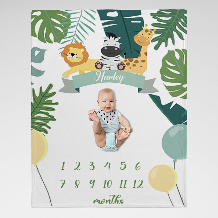 Personalized Baby Milestone Monthly Blanket, Animals Jungle Birthday Decorations Shower Gifts For Baby, Birthday Gifts For New Mom New Dad, Baby Calendar Blanket Gifts