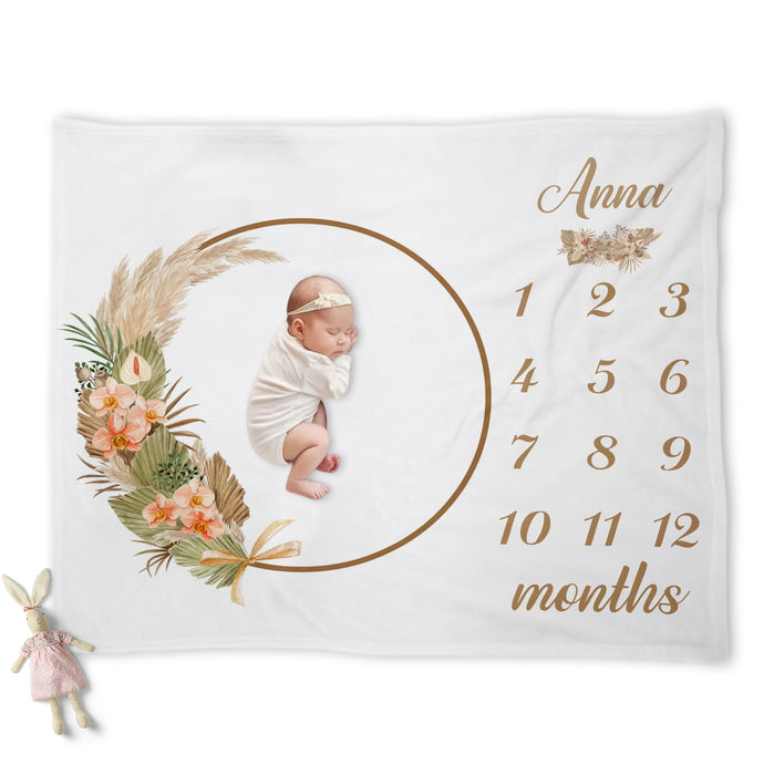 Custom Baby Milestone Monthly Blanket, Boho Bohemian Pampas Wreath Birthday Decorations Shower Gifts For Baby, Birthday Gifts For New Mom New Dad, Baby Calendar Blanket Gifts