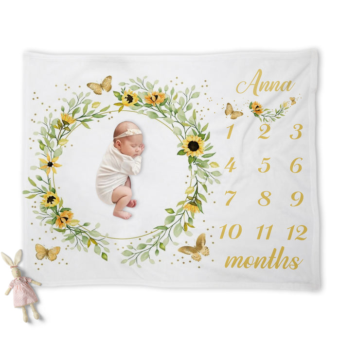 Custom Baby Milestone Monthly Blanket, Sunflower And Butterfly Birthday Decorations Shower Gifts For Baby, Birthday Gifts For New Mom New Dad, Baby Calendar Blanket Gifts