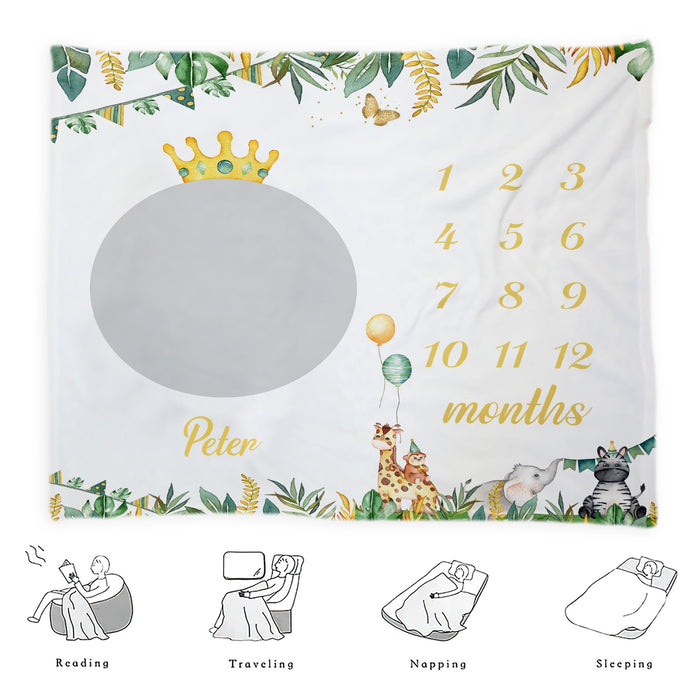 Custom Baby Milestone Monthly Blanket, Safary Animals Birthday Decorations Gifts For Baby, Birthday Gifts For New Mom New Dad, Baby Calendar Blanket Gifts