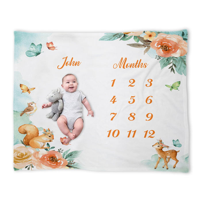Custom Baby Milestone Monthly Blanket, Happy Forest With Animals Birthday Decorations Gifts For Baby, Birthday Gifts For New Mom New Dad, Baby Calendar Blanket Gifts