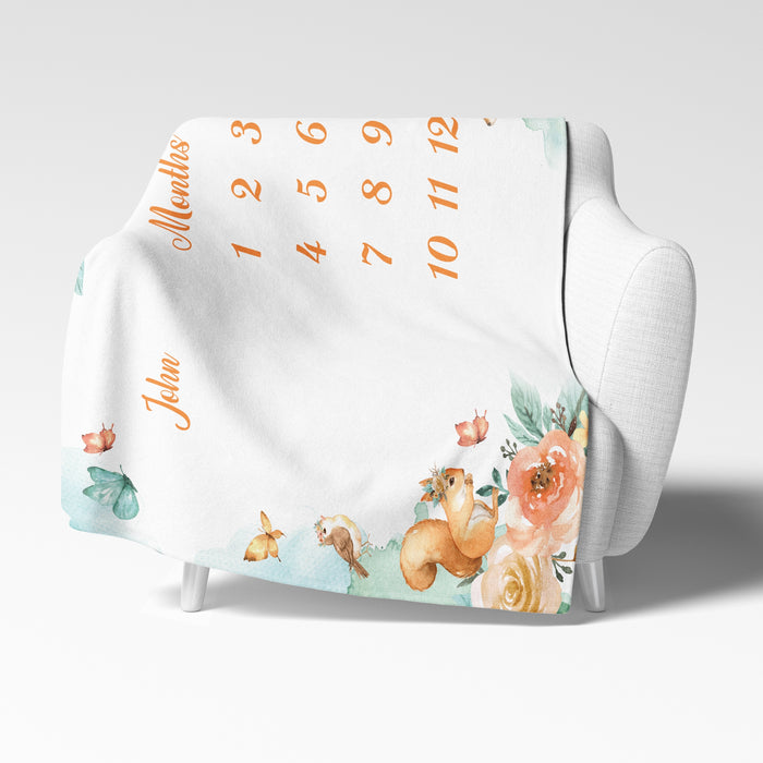Custom Baby Milestone Monthly Blanket, Happy Forest With Animals Birthday Decorations Gifts For Baby, Birthday Gifts For New Mom New Dad, Baby Calendar Blanket Gifts