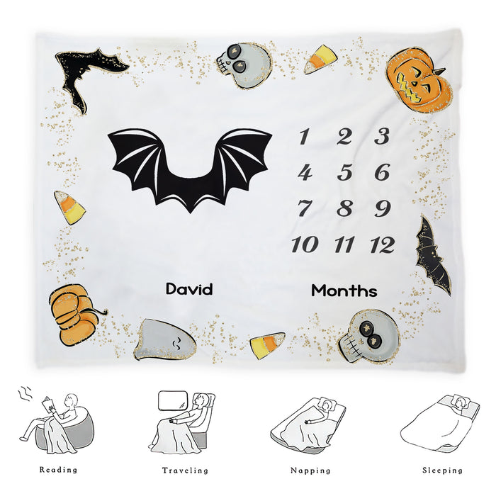 Custom Baby Milestone Monthly Blanket, Baby Bat Wings Halloween Birthday Decorations Gifts For Baby, Birthday Gifts For New Mom New Dad, Baby Calendar Blanket Gifts