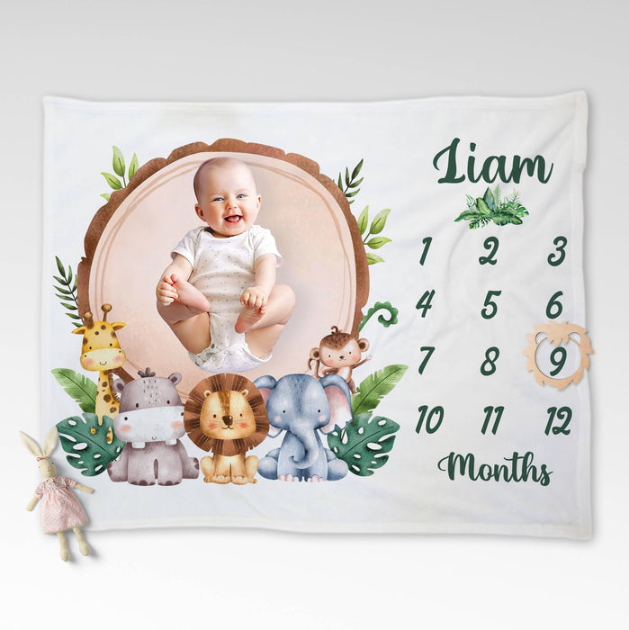 Personalized Jungle Animals Baby Milestone Blanket, Monthly Baby Calendar Blanket