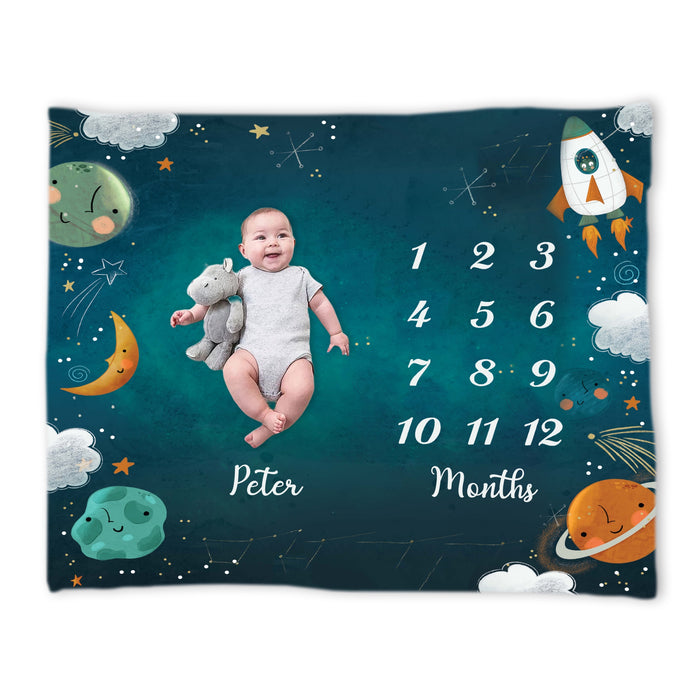 Custom Baby Milestone Monthly Blanket, The Space Birthday Decorations Gifts For Baby, Birthday Gifts For New Mom New Dad, Baby Calendar Blanket Gifts