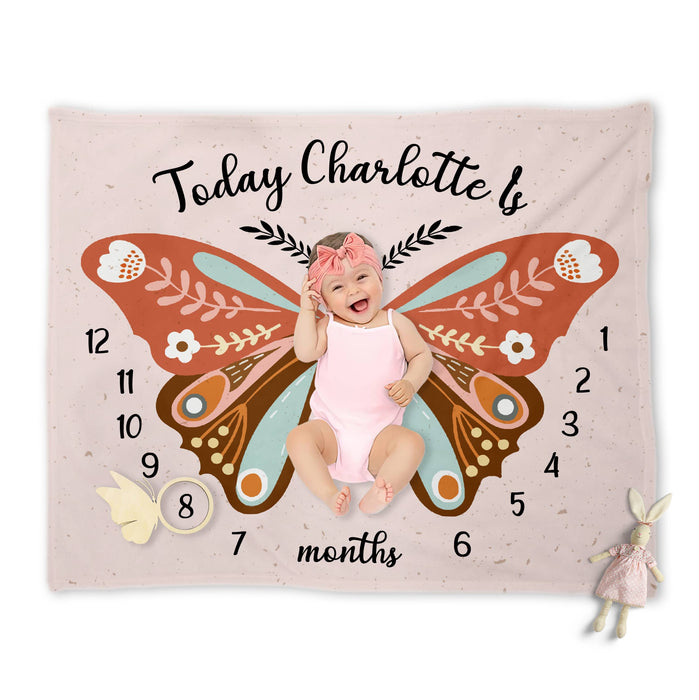 Boho Butterfly Wings Baby Monthly Milestone Blanket, Baby Calendar Blanket, Custom Baby Name Blanket, Baby Birthday Blanket, Baby Shower Gift