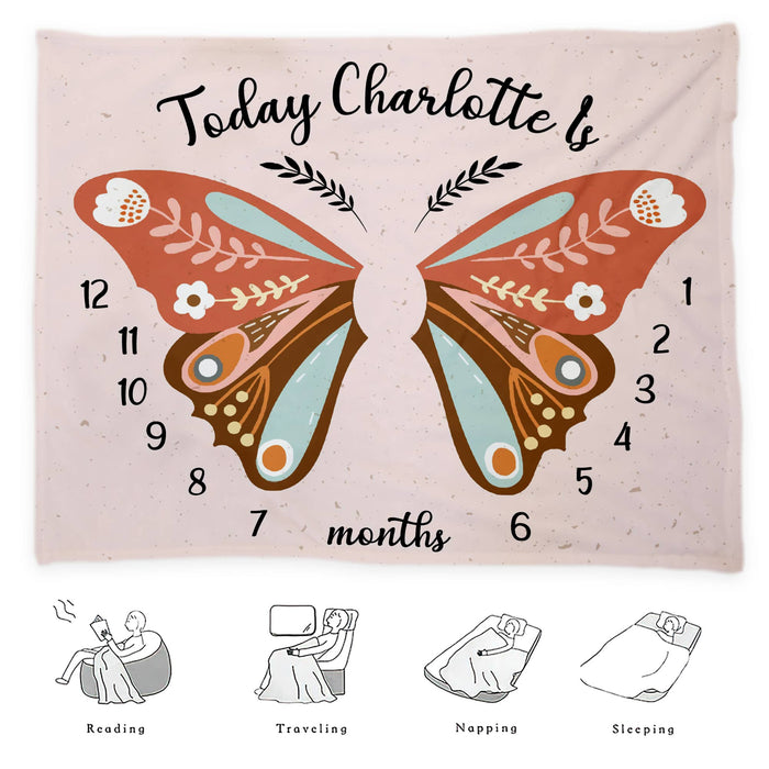 Boho Butterfly Wings Baby Monthly Milestone Blanket, Baby Calendar Blanket, Custom Baby Name Blanket, Baby Birthday Blanket, Baby Shower Gift