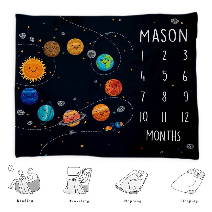 Cute Outer Space Planets Baby Monthly Milestone Blanket, Baby Calendar Blanket, Solar System Monthly Baby Blanket, Baby Age Blanket, Custom Baby Name Blanket, Baby Birthday Blanket, Baby Shower Gift