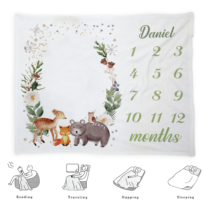 Personalized Baby Monthly Milestone Blanket, Custom Baby Woodland Blanket For Newborn, Birthday Gifts For Baby Boy Girl, Baby Birthday Blanket, Baby Calendar Blanket