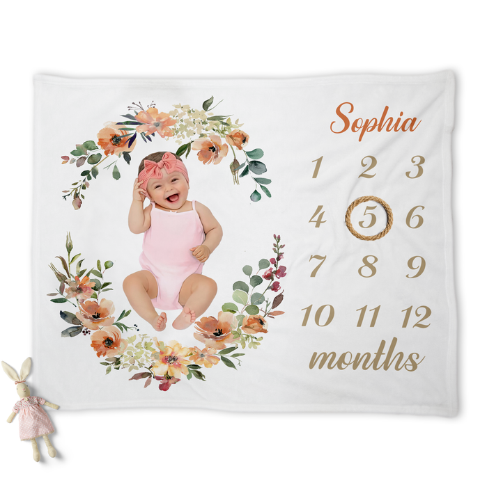 Personalized Baby Monthly Milestone Blanket, Custom Flower Wreath Baby Blanket For Newborn, Birthday Gifts For Baby Boy Girl, Baby Birthday Blanket, Baby Calendar Blanket