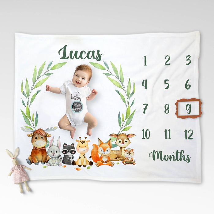 Personalized Animals Baby Monthly Milestone Blanket, Monthly  Baby Calendar Blanket