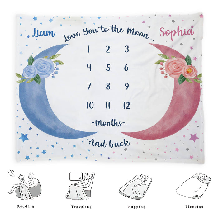 Custom Twins Baby Month Blanket, Monthly Milestone Blanket, Blue Pink Neutral Nursery, I Love You To The Moon And Back Blanket