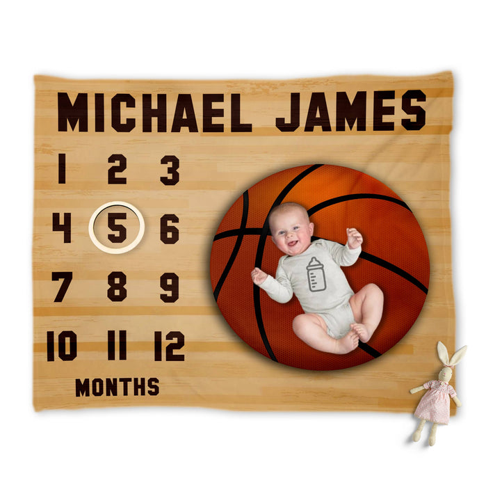 Personalized Baby Birthday Milestone Blanket, Birthday Blanket For Newborn Baby, Monthly Baby Blanket, Basketball Blanket