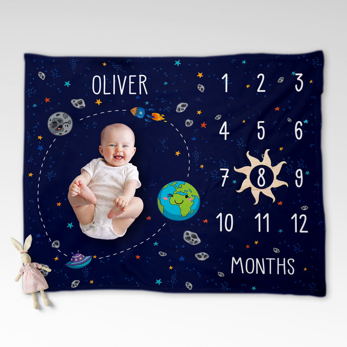 Personalized Earth Universe Baby Monthly Milestone Blanket, Newborn Monthly Gifts For Boys Or Girls