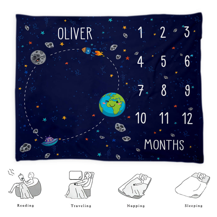 Personalized Earth Universe Baby Monthly Milestone Blanket, Newborn Monthly Gifts For Boys Or Girls